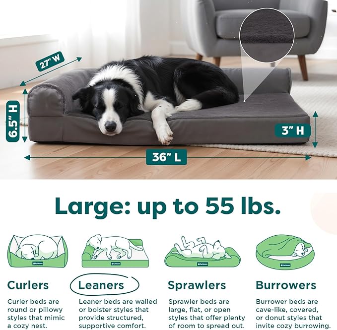FurHaven Orthopedic Dog Bed for Large Dogs, L-Shaped Chaise Mattress with Egg Crate with Solid Orthopedic Foam Base for Joint Support, Washable Cover, Large, Plush & Velvet, Platinum Gray