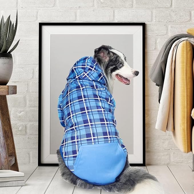 EXPAWLORER Plaid Dog Hoodie - British Style Warm Dog Sweater Shirt with Leash Hole,Pitbull Clothes Outfits,Winter Coat Apparel for All Breeds Puppy Girl Boy-Cat Apparel,Blue Large