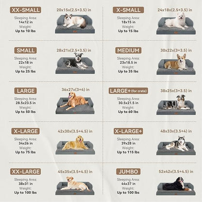 Large Dog Bed Orthopedic Washable: Dark Grey Dog Bed with Waterproof Cover and Removable Bolster, Egg Foam Couch Sofa for Medium XXXLarge Dogs