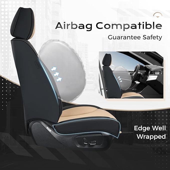 Coverado Car Seat Covers Full Set, Front Seat Covers with Lumbar Support and Back Seat Cover Waterproof Leather Automotive Seat Cover, Universal Car Interior Protectors Cushion for Most Cars