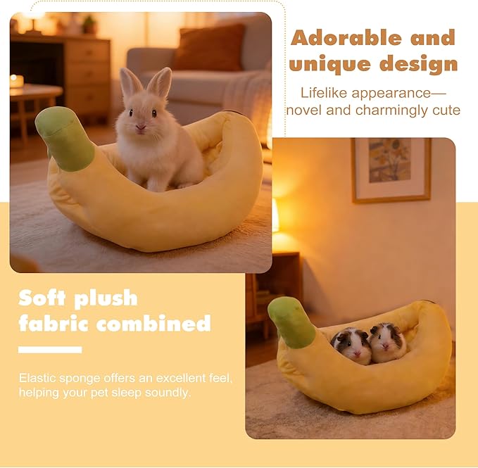 Rabbit Bed Warm Small Dog Cat Sleeping Carrot Banana Beds Bunny Bed Guinea Pig Hideout Bed Thick Soft with Removable Mat,Machine Washable Guinea Pig Cushion (Banana（18.5 * 11.02 * 3.94）)