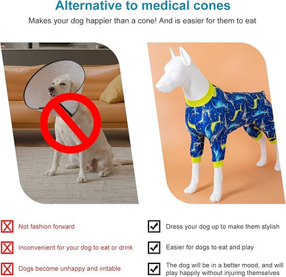 LovinPet Large Dog Pj - Pet Anxiety Calming Shirt, Dog Jammies for After Surgery, Lightweight Fabric, Blue Dragon Print, Pitbull Clothes, Long-Sleeved 4 Leg Style Pullover Dog Onesie, Dark Blue L