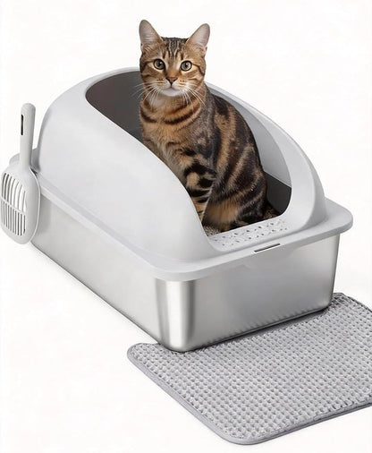 Simple Deluxe XL Stainless Steel Cat Litter Box with Lid, High Sided Metal Litter Pan for Large Cats, Urine-Proof Non-Stick, Light Gray