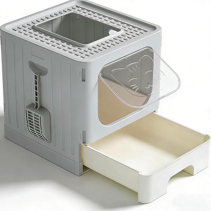Cat Litter Box with Scoop, Large Foldable Litter Box with Lid & Drawer Tray, Top Entry Cat Litter Box, Odor Control, Easy to Clean for Small to Medium Cats (Light Gray, 19" L x 15.3" W x 15" H)