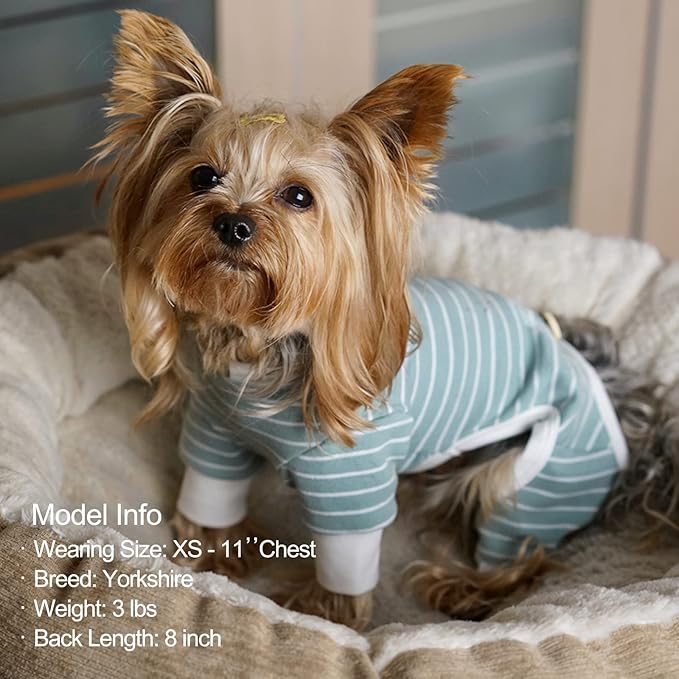 KYEESE Dog Pajamas Stretchable 4 Legs Doggie Jammies Striped Dog PJS Jumpsuit Lightweight Onesie Puppy Pajamas Soft Breathable Cozy Pet Outfit PJS Comfortable Sleepwear, Green Striped, X-Small
