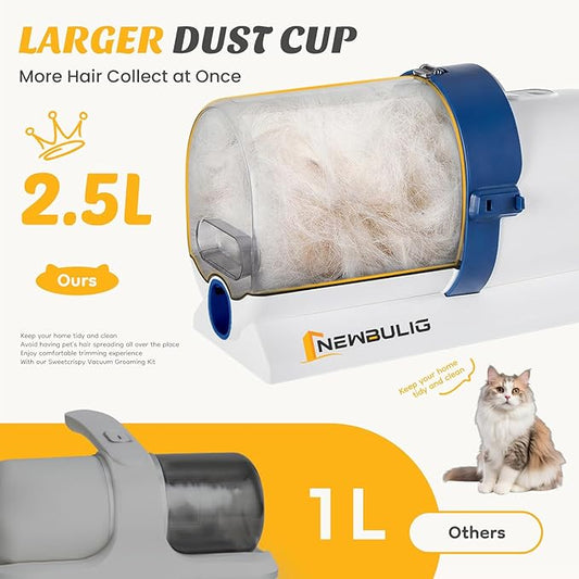 NEWBULIG 5-in-1 Pet Grooming Vacuum Kit, 2.5L Dust Cup, 3 Suction Modes and 5 Groomer Tools, Dog Clippers with Cordless Low Noise for Cats, Dogs Other Animals Hair Trimmer
