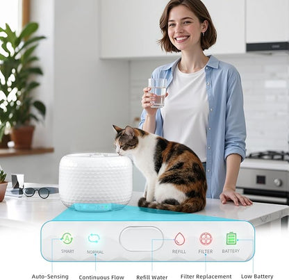 Automatic Cat Water Fountain 61oz/1.8L, Ultra Quiet Pump, BPA-Free & Detachable for Easy Cleaning, Includes 3 Replacement Filters (White, ABS)
