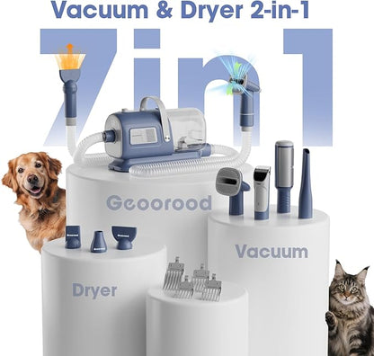 Dog Grooming Vacuum and Dryer Kit, Blower for Pet Vacuum Grooming 7 in 1 with Clippers for Dogs Hair Shedding Brush Remover Tools at Home Blue Grey
