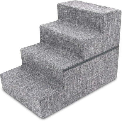 Best Pet Supplies Round Bed for Pet, 4-Step Pet Stair, Grey Linen (Foldable)