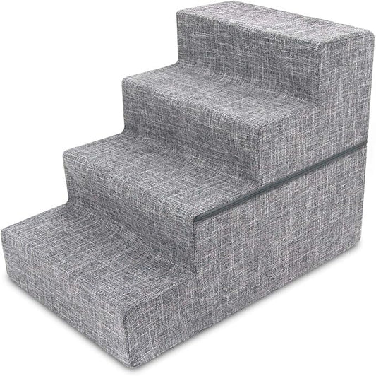Best Pet Supplies Round Bed for Pet, 4-Step Pet Stair, Grey Linen (Foldable)