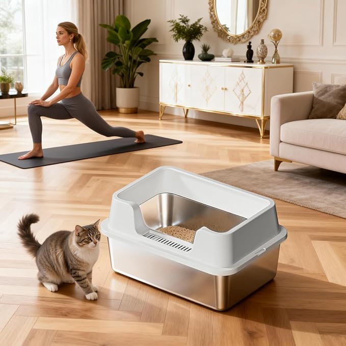 Enclosed Stainless Steel Cat Litter Box with Lid Extra Large Litter Box for Big Cats XL Metal Litter Pan Tray with High Wall Sides Enclosure, Non-Sticky, Anti-Leakage, Easy Cleaning