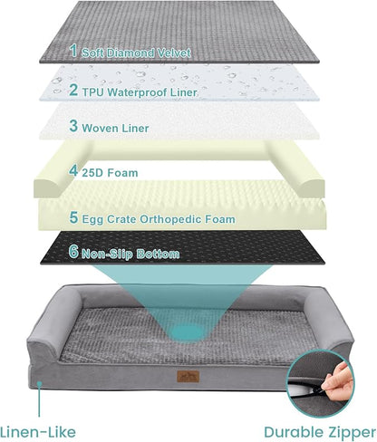 COZY KISS Orthopedic Dog Beds for Large Sized Dog, XL Bolster Pet Couch with Waterproof Lining, Egg Crate Foam Sofa for Pets Up to 100 lbs, U-Shaped, 42x30x7.5 inch, Grey