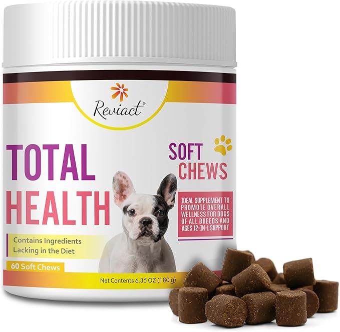 Total Health Dog Chews 12-in-1, Hip and Joint Supplement with Glucosamine Chondroitin for Dogs, Dog Multivitamin Treats with Omega 3 Salmon Oil and Vitamins for Skin and Coat Support, 60 Soft Chews