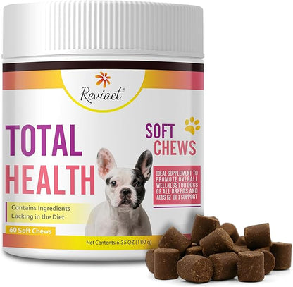 Total Health Dog Chews 12-in-1, Hip and Joint Supplement with Glucosamine Chondroitin for Dogs, Dog Multivitamin Treats with Omega 3 Salmon Oil and Vitamins for Skin and Coat Support, 60 Soft Chews