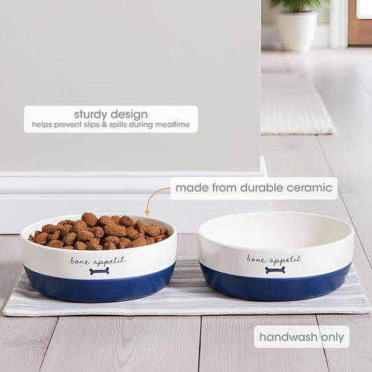 Pearhead Ceramic Dog Bowl – White & Navy “Bone Appétit” Design, Stoneware Pet Dish, Non-Skid Feeding Bowl, Small/Medium 2.25 Cups/ 18 oz