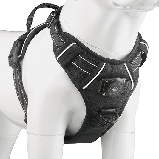 AirTag Dog Harness, Integrated Dog Vest with 100% Waterproof Air Tag Holder, No-Pull No-Choke Reflective Dog Vest Harness with Apple Air Tag Case for Small Medium Large Dogs (Black, M)
