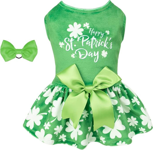 CuteBone St.Patrick's Day Dog Green Dress Velvet for Small Dogs Girl Puppy Dresses Clover Dog Clothes CVA14XS-D