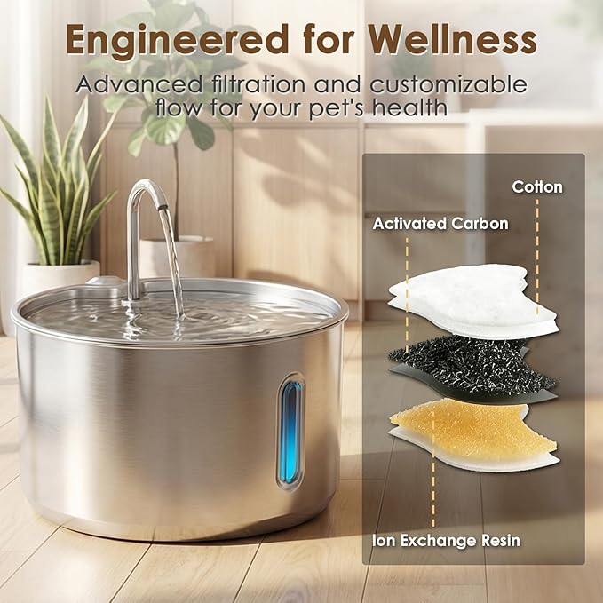 Stainless Steel Cat Water Fountain, 135oz/4L Automatic Pet Water Dispenser with 3 Replacement Filters & 2 Replacement Water Outlets, Quiet Indoor Drinking Fountain for Cats Dogs, Water Level Window