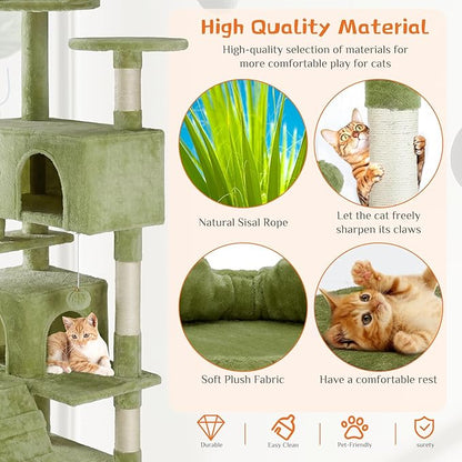 Cat Tree 54 Inch, Multi-Level Cat Tower with Condo, Perches, Sisal Scratching Posts and Climbing Ladder, Pet Play Toy Balls House for Indoor Cats, Green
