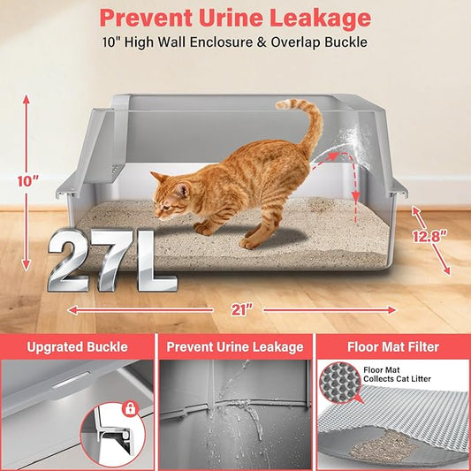 Stainless Steel Cat Litter Box with Lid, 2 Pack XL Metal Litter Box High Sided, Odor-Free/Anti-Urine Leakage & Non-Stick, Extra Large Litter Box with Mat & Scoop for Multiple/Big Cats, Easy Clean