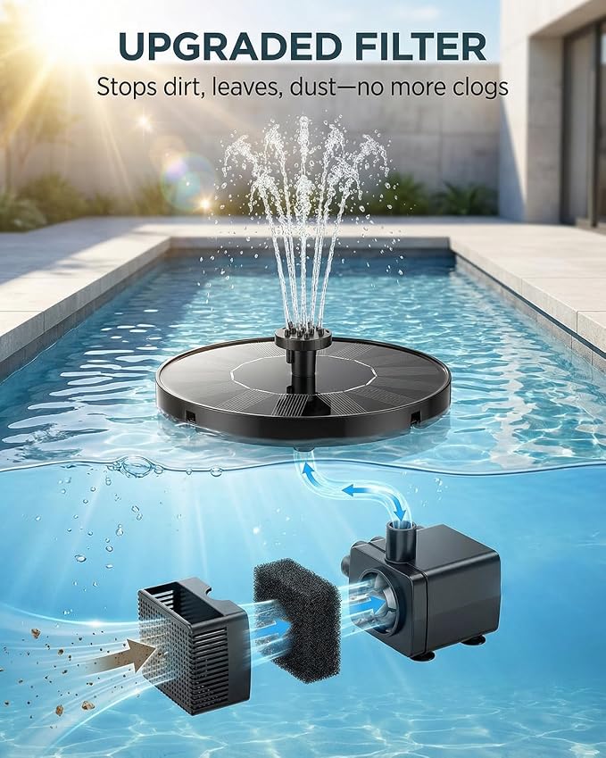Solar Fountain for Bird Bath, 2026 Upgrade 1.4W Solar Power Water Fountain Pump with 7 Nozzles, Free Standing Floating Powered Fountains for Garden, Pond, Pool, Birdbath (6.3 inch)