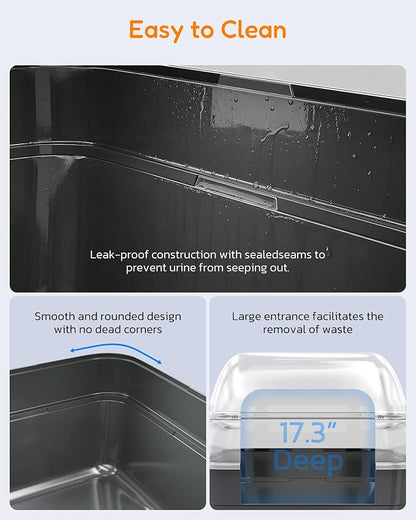 Large Cat Litter Box with Transparent Lid, Foldable Hooded Litter Box with Front Door Flap for Privacy, Easy Clean Non-Sticky Litter Box with Intelligent Deodorizing, (21.6" L x 17.8" W x 17.3" H)