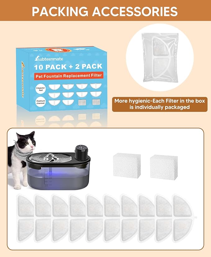 subteenmate Wireless Cat Water Fountain Filters Set, 10 Filters & 2 Pre-Filter Sponges for 3L/101oz Automatic Water Pet Fountain