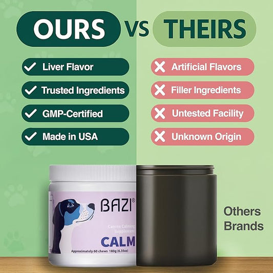 BAZI Calm Dog Chews – Natural Stress Relief for Hyperactive Dogs with Lemon Balm, Taurine & Theanine – Calming Support for Anxiety, Fireworks, Thunderstorms, Travel & Training – 60 Soft Chews