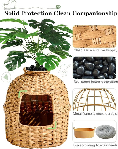 SETVSON Cat Litter Box Plant Furniture Enclosure, Hidden Handwoven Rattan with Cat Litter Box and Artificial Plants, Odor Control Filter, Real Stones in Living Room, Bedroom, Corner Natural