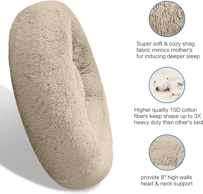 SAVFOX 30 inches Calming Donut Dog Bed - 3X Durable Plush Faux Fur, Machine Washable & Non-Slip, Fits up to 45 lbs, Beige