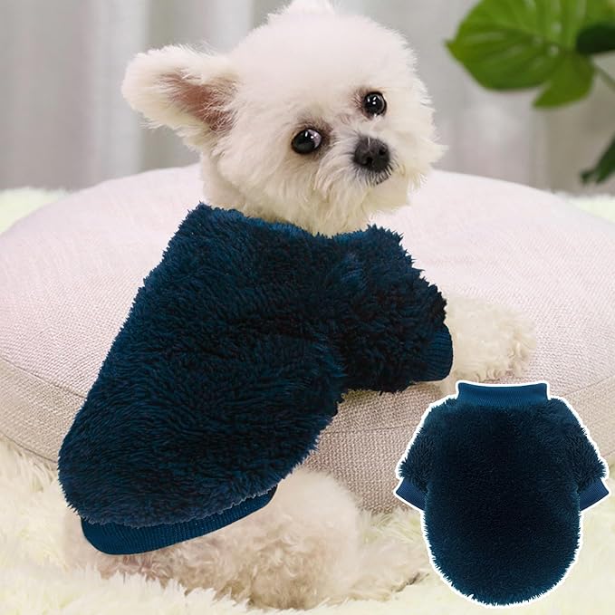 2 Pieces Dog Sweaters for Boy Fall Winter Warm Puppy Clothes Fleece Chihuahua Sweater Cute Clothes for Male Cat, Blue, Dark Green, Small