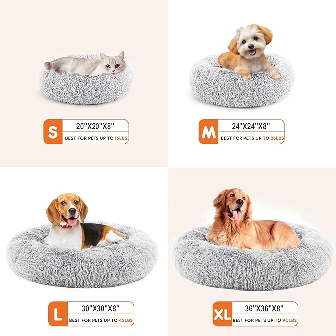 Sweetcrispy 30.7"x30.7" Donut Dog Bed, Large Round Calming Cat Bed with Washable Waterproof Cushion, Anti-Anxiety & Anti-Slip Fluffy Cuddle Cozy Faux Fur Plush for Pet Puppy Indoor Sleeping, Gery