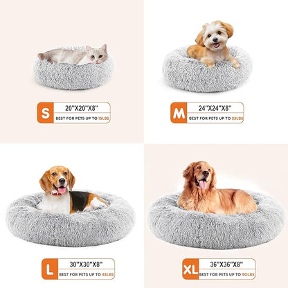 Sweetcrispy 30.7"x30.7" Donut Dog Bed, Large Round Calming Cat Bed with Washable Waterproof Cushion, Anti-Anxiety & Anti-Slip Fluffy Cuddle Cozy Faux Fur Plush for Pet Puppy Indoor Sleeping, Gery