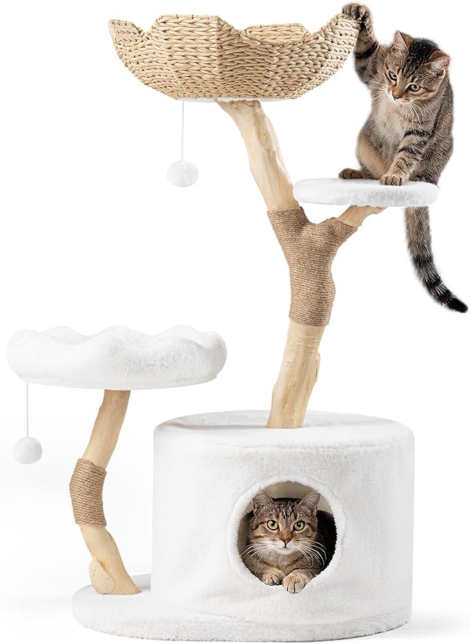 COSIEST 42.5" Tall Cat Tree Tower for Indoor Cats, Modern Cat Tower with Natural Sisal Scratching Posts, Ball & Resin Trunks, Rattan Cat Tree with Condo, Cat Furniture for Multi-Cat Households, White