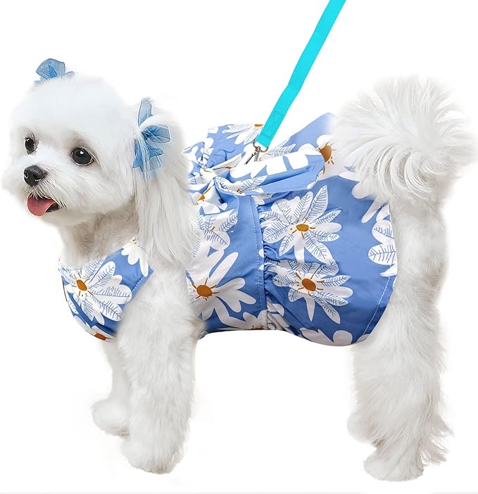 ABRRLO Cute Dog Dress Small Dog Clothes for Girls Female Puppy Outfits Blue Daisy Pet Summer Clothes Bowknot Doggy Cat Princess Dress Harness Set for Holiday Birthday Party Costume Clothing (Blue,XL)