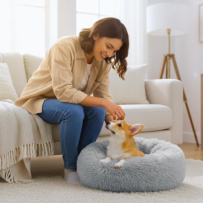 Calming Anti-Anxiety Donuts Dog and Cat Bed for Indoor Cats, Round Fluffy Soft Washable Extra Large Pet Bed for Puppy and Kitten, Warming Comfortable Luxury Anti-Slip Waterproof Mute Base 32in Gray