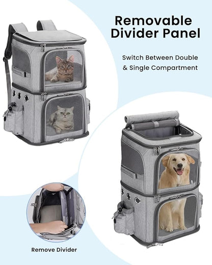 HOVONO Double-Compartment Pet Carrier Backpack for Small Cats and Dogs, Cat Travel Carrier for 2 Cats, Perfect for Traveling/Hiking/Camping, Grey, XL