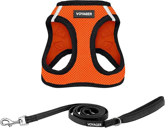 Best Pet Supplies Voyager Step-in Air All Weather Mesh Harness and Reflective Dog 5ft Leash Combo with Neoprene Handle, for Small, Medium and Large Breed Puppies - Set (Orange/Black Trim), Medium