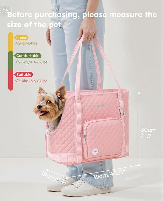Pecute Dog Purse Carrier, Dog Carrier with Pockets for Small Dogs, Fits Dogs 5 lbs to 9 lbs, Cat and Puppies Tote Bag, Outing, Travel, Vet, Pink