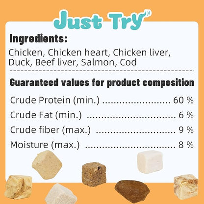Just Try 16OZ Freeze-Dried Dog Treats Mixed Flavors for Dogs & Cats Raw Single Ingredient Chicken,Salmon, Beef Liver,Chicken Liver,Chicken Heart,Duck,Cod,High Protein Grain-Free Training Treats