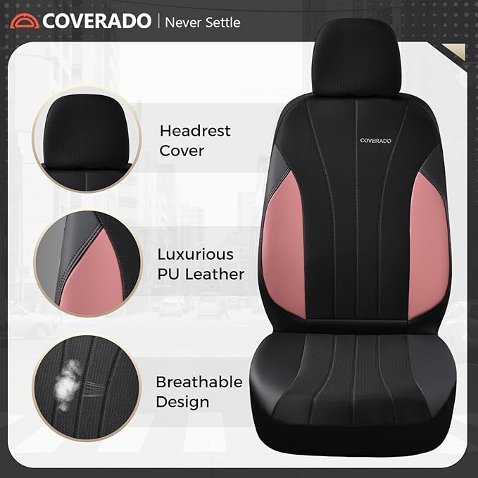 Coverado Seat Covers 5 Seats, Luxury Car Seat Covers Full Set, Automotive Car Protectors, Pink Driver Seat Covers, Car Accessories Universal Fit for SUVs, Trucks, Sedans