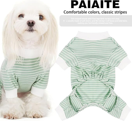 Paiaite Green Striped Dog Pajamas: 4-Legged Cotton Stretchable Jumpsuit Pjs - Lightweight Cozy Puppy Onesie Clothes, Comfortable Pet Sleepwear for Hair Shedding Coverage XS