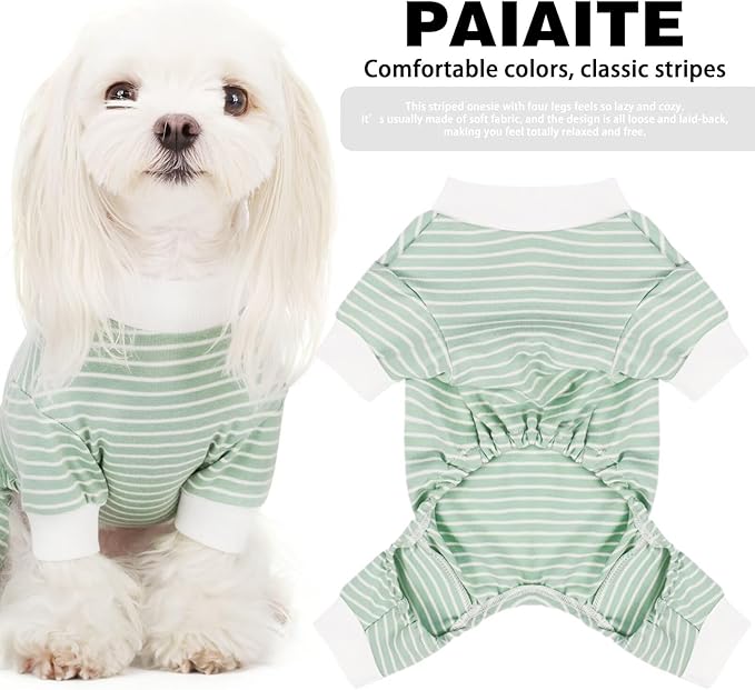 Paiaite Green Striped Dog Pajamas: 4-Legged Cotton Stretchable Jumpsuit Pjs - Lightweight Cozy Puppy Onesie Clothes, Comfortable Pet Sleepwear for Hair Shedding Coverage M
