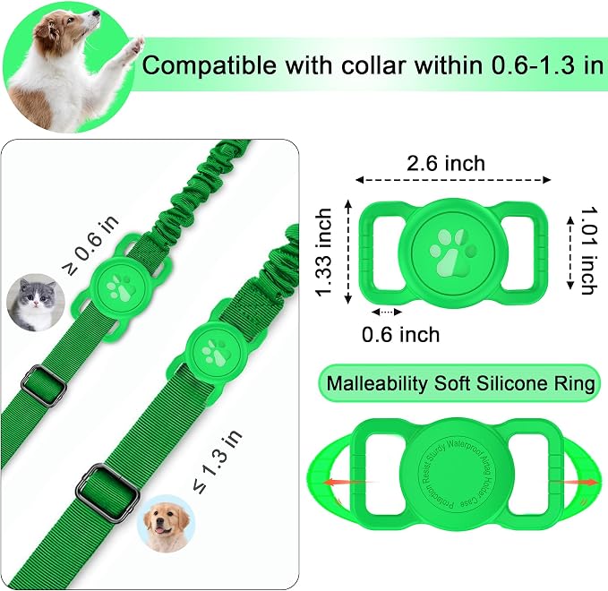 SANKALA Airtag Dog Collar Holder, Waterproof, Green, 1 Pack | Silicone Full Body Covered, Anti-Lost Protective, Fits All Width Collars, for Apple AirTag(Gen 1 & 2), Signal Friendly ﻿