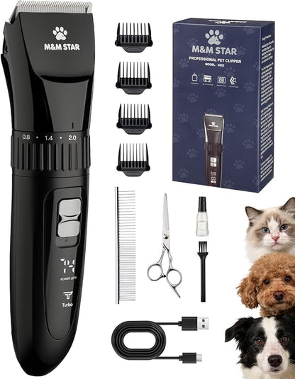 M&M STAR Dog Grooming Kit, Low Noise Dog Clippers, 2-Speed IPX7 Waterproof, Rechargeable Cordless Pet Hair Clippers Trimmer Shaver with LED Display for Small Large Dogs Cats, Black