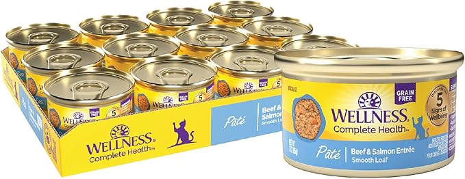 Wellness Complete Health Pate Adult Canned Wet Cat Food, Natural, Protein Rich, Grain Free, Beef and Salmon Entrée Recipe, 3 oz, Pack of 24 Cans