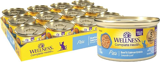 Wellness Complete Health Pate Adult Canned Wet Cat Food, Natural, Protein Rich, Grain Free, Beef and Salmon Entrée Recipe, 3 oz, Pack of 24 Cans