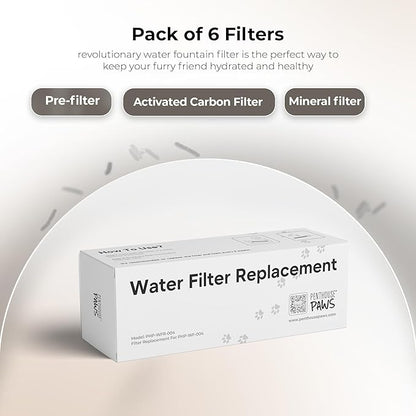 Penthouse Paws Smart Cat Water Fountain Filter Replacement Set, 6 Carbon Filters + 6 Foam Sponges, 5-Layer Filtration, Compatible with 2.2L / 74oz, Adjustable Pet Fountain Filters.