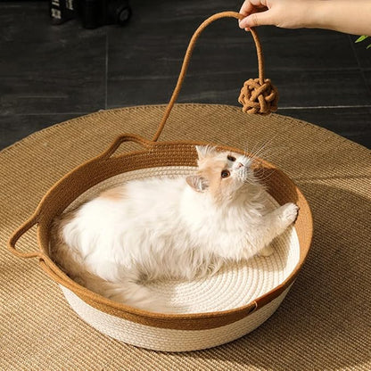 Handwoven Cotton Rope Cat Bed - Breathable & Easy to Clean, Foldable Scratchable Hammock with Cat Ear Design, with a Playing Ball for Kittens - Large Brown