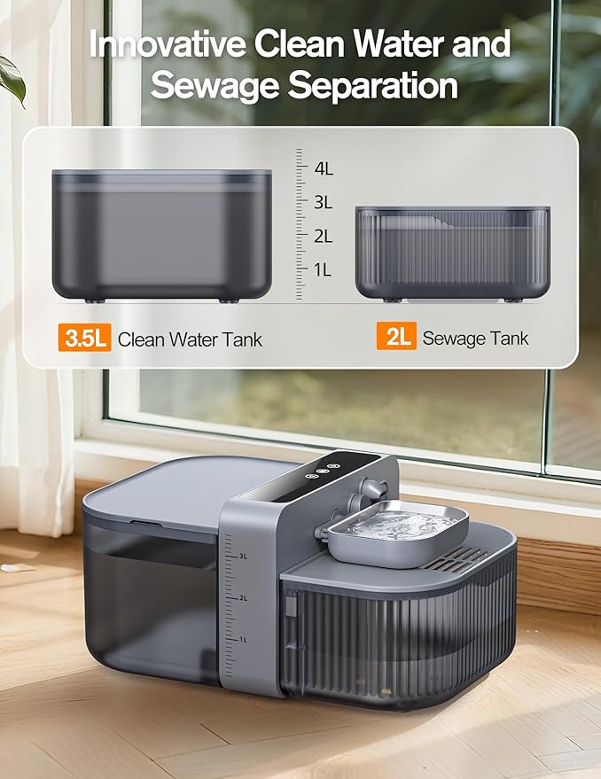 Chumajor Wireless Cat Water Fountain with No Filters, 180-Day Battery & Precision Flow Control,3.5L Smart Pet Water Dispenser with Wastewater Separation & Custom Scheduling for Cats & Dogs, Grey